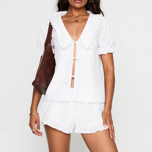 Forato Set bianco con lacci Casual Shorts con maniche a volant Shorts Sexy per donna due pezzi abbigliamento da donna - Product Image 4