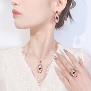 Fashion Eco-friendly Copper Oval Cut 5*7mm Blue Zircon Designer Vintage Style Gold Plated Earrings and Necklace Set for Women - Product Image 3