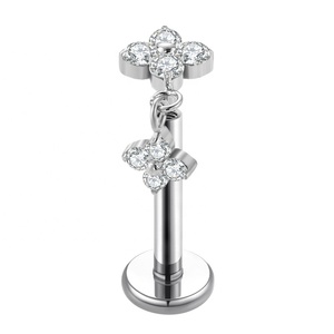 Astm F136 Titanium Vergulde Dubbele Bloem Cz Duidelijke Schroefdraad <span class=keywords><strong>Labret</strong></span> <span class=keywords><strong>Studs</strong></span> Platte Bak Oorbel Tragus Kraakbeen Piercing Sieraden - Product Image 2