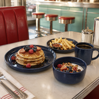 Service de vaisselle en grès céramique classique et durable avec assiettes plates, bols à soupe et tasses à café - Compatible lave-vaisselle et four