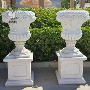 Customized Modern Outdoor Decoration Hand Carved Stone Large Size Marble Planter Flowerpot Garden Marble Flowerpot