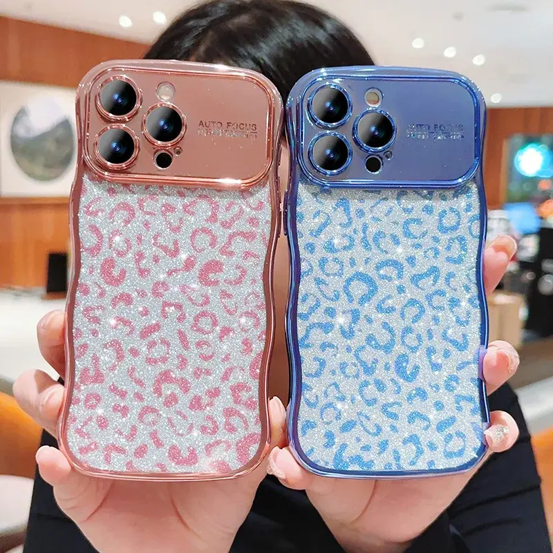 Curved Border Glitter Leopard Pattern Plating Case For iPhone 15 Pro Max 14 13 12 11 Pro Max Lens Protect Shockproof Soft Cover