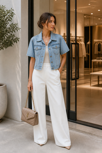 Giacca di Jeans a Maniche Corte Effetto Lavato per Donna, Cappotto Casual con Doppie Tasche, Stile Retrò Streetwear - Product Image 6