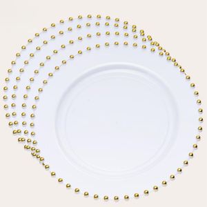 White Gold Beaded <b>Plastic</b> Charger Plates 13 Inch Heavy Duty Clear Round Underplates Bulk Disposable Tableware for Banquets - Product Image 1