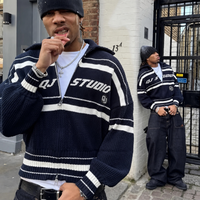 Pull en mohair à fourrure duveteuse à double fermeture éclair, vêtements de rue décontractés à épaules tombantes pour hommes, fabricant de vêtements personnalisés