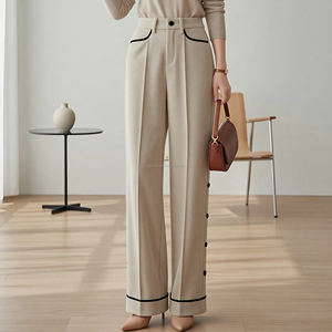 Custom Women's Contrast Piping Corduroy <strong>Trousers</strong> with Side Buttons Soft Bottoms Pants <strong>Ladies</strong> - Product Image 1