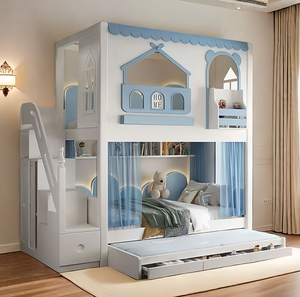 Lit <span class=keywords><strong>de</strong></span> princesse multifonctionnel en bois massif avec toboggan et armoire, lit superposé pour enfants avec toboggan - Product Image 2