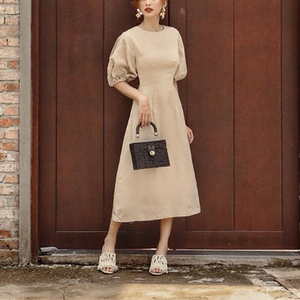 Di alta qualità della fabbrica di abbigliamento personalizzato da donna o-collo maniche corte elegante vintage 100% <span class=keywords><strong>lino</strong></span> <span class=keywords><strong>abito</strong></span> <span class=keywords><strong>midi</strong></span> per le donne - Product Image 5