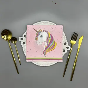 Đảng mô cô gái sinh nhật Nguồn cung cấp bên Unicorn chủ đề bộ đồ ăn thiết lập bên dùng một lần khăn ăn Unicorn Khăn ăn