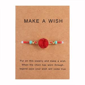 Make a Wish Pulsera de tarjeta de papel tejida de piedra natural colorida Pulseras de hilo rojo de la suerte ajustables Joyería de moda para mujer - Product Image 6