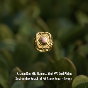 แหวนแฟชั่น สแตนเลสสตีล 316L ชุบทอง PVD ทนทาน ดีไซน์สี่เหลี่ยมประดับพลอยสีชมพู - Product Image 3