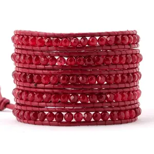 Bijoux en pierre précieuse, Bracelets en pierre de Jade rouge, Bracelets à breloques en cuir pour femmes