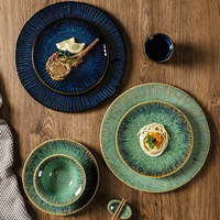 Service de vaisselle en céramique bleu-vert avec glaçure réactive, assiettes et bols en grès pour restaurant