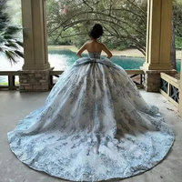 Robe de Quinceañera Mumuleo à épaules dénudées bleu ciel, robes de fête d'anniversaire, fleurs 3D, Vestidos De 15 Anos avec nœud