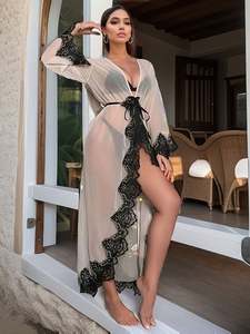 Sfy-y5125 2025 New Sexy Woman Roba Seduction See-through Mesh Maxi Long Kimono Bayhrobe Contrast Black Lace Pajama Sexy Lingerie - Product Image 3