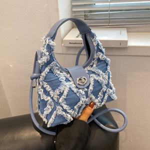 Wholesale Denim Solid Color Ruched Embroidery Cover Closure Fluffy Plush <b>Tassel</b> Hobo <b>Handbag</b> Women Shoulder Messenger Bags - Product Image 1