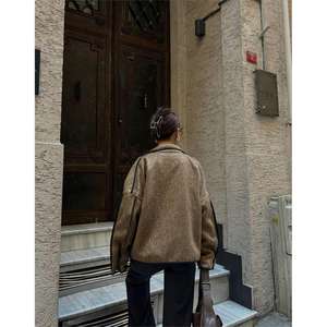 Autumn & Spring <b>Ladies</b> Cashmere <b>Crop</b> <b>Jacket</b> with Sheep Skin Leather Trim Brown Custom Logo Dyed Satin Silk Lining Short Length - Product Image 3