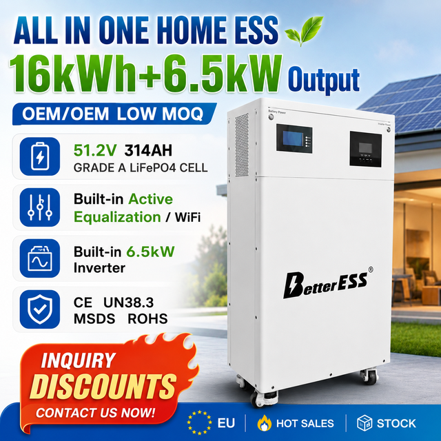 16kWh All-in-One Home Energy Storage System 6.5kW Inverter Built-in 51.2V 314Ah LiFePO4 Battery with WiFi, Active Equalization