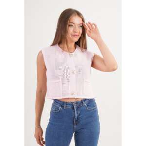 Gilet en tricot rose pour femme, sans manches, court, avec boutons dorés et poches, respirant, vêtement d'extérieur, 100% acrylique - Product Image 3