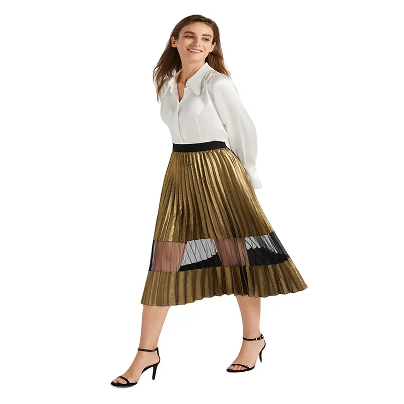 높은 품질 사용자 정의 여름 새로운 패션 스타일 반투명 골드 스팽글 무릎 길이 여성 드레스 긴 스커트