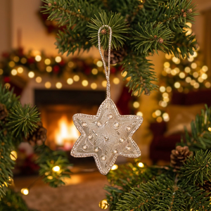 White Color Silver Zari Embroidery Beaded Work Hanging Christmas Tree <b>Decoration</b> <b>Star</b> Shape Standard Size Stonecraft - Product Image 3
