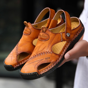 HSY Sandalias de cuero para hombre con punta abierta, planas, informales, transpirables, con suela de goma, zapatos de verano - Product Image 1