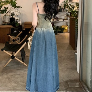 Personnalisé A-ligne décontracté sans manches <span class=keywords><strong>dégradé</strong></span> bleu robes été fronde coton Denim longue Stretch Maxi Maxi robe dos nu femmes vente entière - Product Image 2