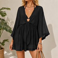 Robe mini fluide pour femme, col en V, avec découpe et lien sur le devant, manches kimono, couleur unie, pour la plage et l'été