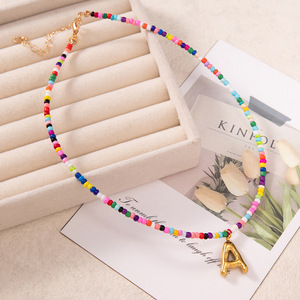 Collar con Letras <span class=keywords><strong>de</strong></span> Burbuja con Cuentas Coloridas, Colgante <span class=keywords><strong>de</strong></span> Acero Inoxidable con Iniciales, 26 Letras, Joyería Boho <span class=keywords><strong>de</strong></span> Playa para el Verano, para Mujer - Product Image 1
