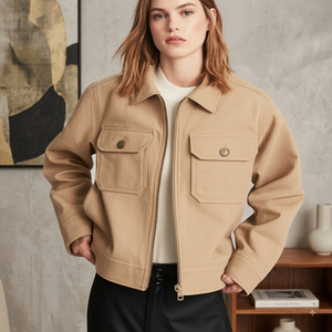 Chaqueta Utilitaria para Mujer al por Mayor, Color Sólido, Cuello Vuelto, Cierre de Cremallera, Manga Larga, 100% Algodón, Ropa de Otoño - Product Image 1