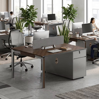 Poste de travail de bureau moderne, durable et écologique pour 2 personnes, avec écran de confidentialité double face, hub de prises et socle.