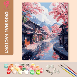 ภาพวาดสีน้ำมัน DIY ฉากฤดูใบไม้ผลิเมืองน้ำเจียงหนาน ซากุระ ตกแต่งผนัง 40x50 ซม. - Product Image 1