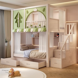 JS FURNITURE <span class=keywords><strong>Lit</strong></span> double pour enfants en bois massif au design unique, mobilier de chambre à thème vert <span class=keywords><strong>avec</strong></span> <span class=keywords><strong>toboggan</strong></span> en arc et escalier de rangement - Product Image 3
