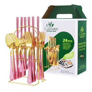 Ensemble de couverts en acier inoxydable 24 pièces, manches dorés et rouges, passe au lave-vaisselle, pour service de table - Product Image 5