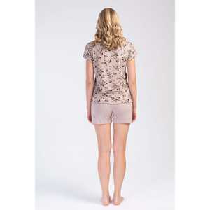Ensemble short 2 pièces en viscose pour femme, col en V, manches courtes, avec détail nœud - Product Image 1