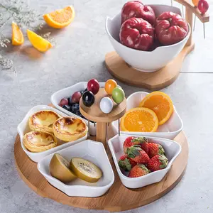 Ceramic Snack Serving Tray 4 Compartment Appetizer Tray Serving Platter with Wood Ceramic Pallet