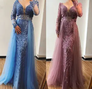 Blue/Pink V Neck Sexy Luxury Beaded Long Sleeve Prom Dresses 2020 Evening Gowns With Tulle Over Skirt