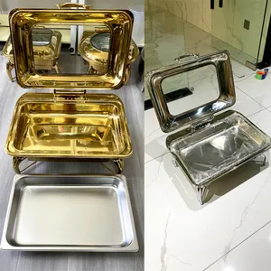 New Arrival Rectangular Chaffing Dishes Stainless Steel Catering Equipment Double Pan 9L Gold Flip Top Chafing Dish