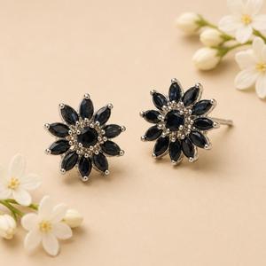 925 Sterling <b>Silver</b> Rhodium Plated Blue Sapphire Floral <b>Stud</b> Earrings - Product Image 5