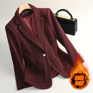 Women's Wool <b>Blend</b> Suit Jacket Slim Fit Full Sleeve Warm Winter Stripe Pattern Thickened Casual Top - Product Image 1
