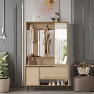 <span class=keywords><strong>Perchero</strong></span> de madera de ratán metálico de estilo moderno con tablero de partículas de <span class=keywords><strong>espejo</strong></span>, armario de pasillo para zapatos y bolsos para dormitorio y comedor - Product Image 3