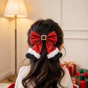 Barrettes de Noël Père Noël avec nœud rouge pailleté et épingles à cheveux en peluche en forme de botte noire pour filles et enfants, accessoires de coiffure pour fêtes de Noël - Product Image 3