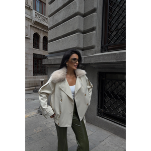 Abrigo Corto Tipo Gabardina con Cuello de Piel para Mujer, Talla S - Product Image 2