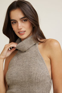 Débardeur d'été décontracté pour femme, sans manches, <span class=keywords><strong>col</strong></span> <span class=keywords><strong>montant</strong></span>, en maille côtelée, avec logo frontal, <span class=keywords><strong>beige</strong></span> chiné, ajusté, dos ouvert - Product Image 5