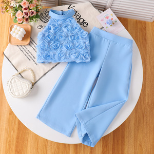 Completo 2 Pezzi <span class=keywords><strong>per</strong></span> Bambine con Top Halter 3D a Rosa e <span class=keywords><strong>Pantaloni</strong></span> Larghi, Ideale <span class=keywords><strong>per</strong></span> Uso Quotidiano e Occasioni Festive - Product Image 1