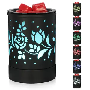 流行黑色金属花图案电动蜡烛取暖器香薰油扩散器，带可调7色发光二极管灯