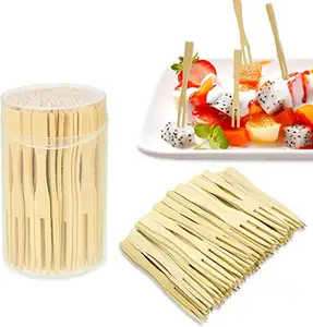 Tenedores desechables de bambú para frutas, brochetas de dos puntas, venta directa de fábrica