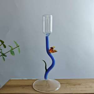 Support <span class=keywords><strong>de</strong></span> <span class=keywords><strong>bougie</strong></span> en verre artisanal en gros, avec <span class=keywords><strong>tige</strong></span> ondulée bleue et ornement oiseau, élégant chandelier en verre pour centre <span class=keywords><strong>de</strong></span> table, cadeau - Product Image 5
