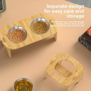 Mangkuk ganda tempat makan hewan peliharaan, dudukan kayu Solid ramah lingkungan mangkuk baja tahan karat 15 derajat perlindungan leher untuk air makanan kucing anjing - Product Image 3