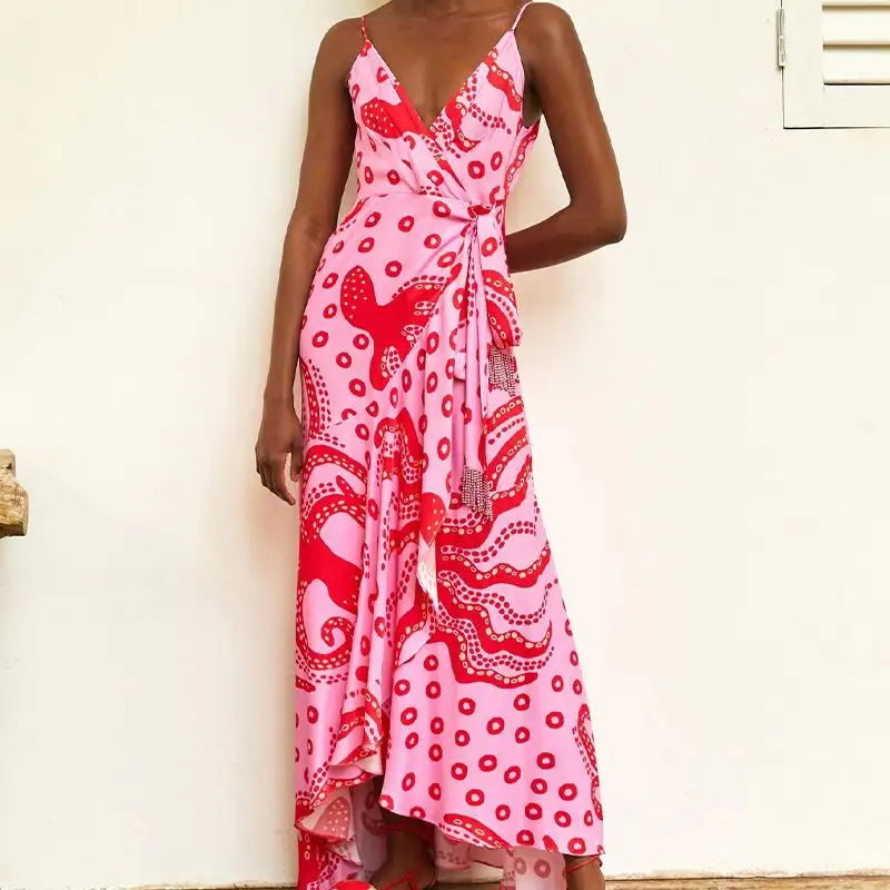 2022 New Arrivals Lady Summer Party dress Floral Print Silk Sleeveless Boho Maxi Stylish Beach Dress Wear Club Dress For Women